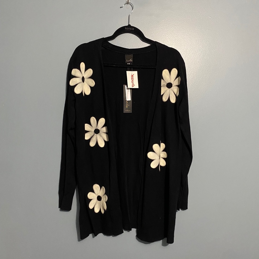 Long black cardigan with white felt flowers